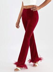 SHEIN Privé Fuzzy Hem Velvet Flare Leg Pants
