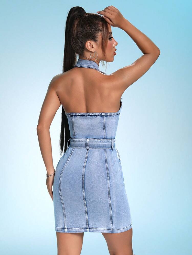 Flap Pocket Backless Belted Halter Denim Dress