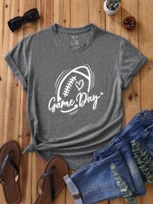 SHEIN LUNE Đồ họa Chữ cái Áo thun - Xám - Xem 1