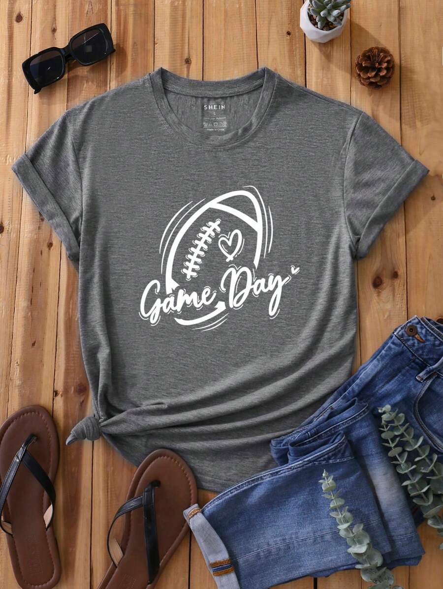 SHEIN LUNE Đồ họa Chữ cái Áo thun - Xám - Xem 1