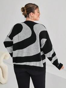 SHEIN Essnce Plus Bloco De Cores Ombro Caído Cardigans - Preto e Branco - Ver 2