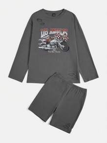 SHEIN EZwear 摩托車和字母圖案落肩T恤和短褲
