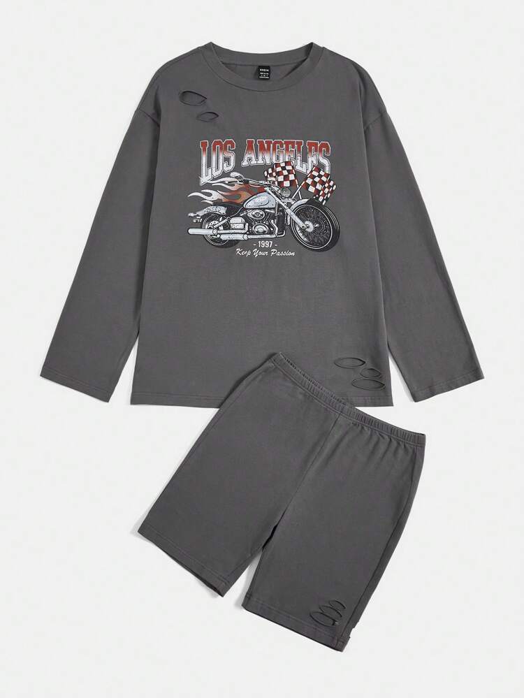 Motorcycle & Letter Graphic Drop Shoulder Tee & Shorts