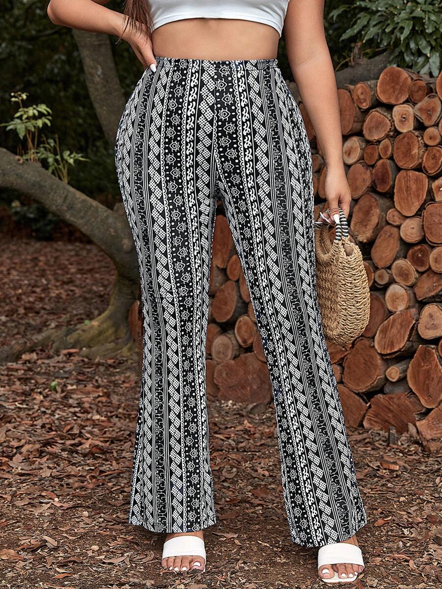 SHEIN VCAY Plus Geo Print Flare Leg Summer Pants - Multicolor - View 1