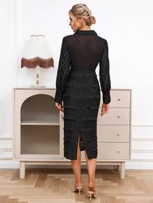 SHEIN Privé 素色褶邊襯衫洋裝 - 黑色 - 查看 2