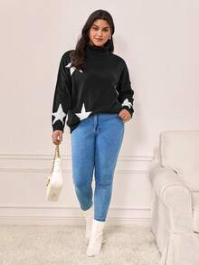 SHEIN Frenchy 大碼星星圖案高領落肩袖套頭毛衣 - 黑與白 - 查看 5