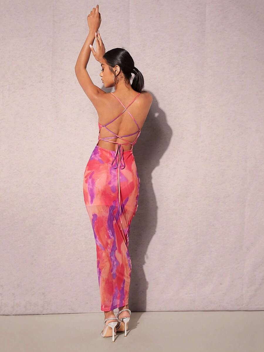 SHEIN BAE Vestido de tirantes de tie dye de espalda abierta con cordón - Rosado Sandía - Ver 1