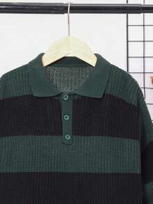 SHEIN 男大童雙色Polo領落肩袖套頭毛衣 - 黑色 - 查看 4