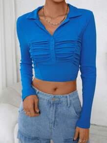 SHEIN EZwear Viền mặt trước Áo phông Crop - Màu xanh lam - Xem 4