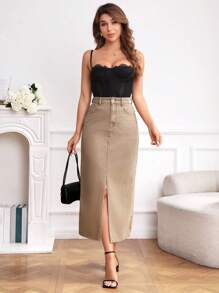 SHEIN EZwear 休閒口袋 不收邊 拉鍊純色女士牛仔半身裙 - 卡其色 - 查看 5