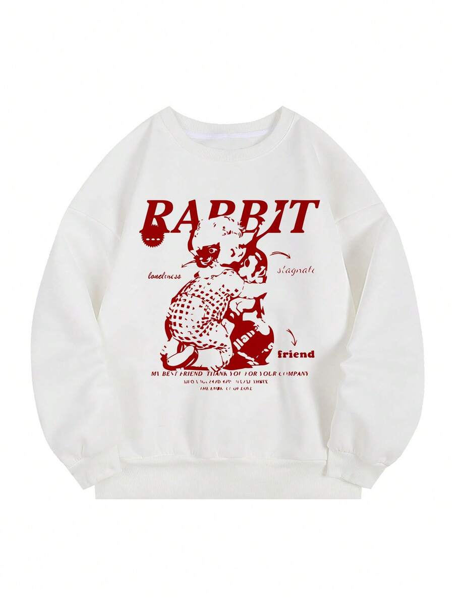 Slogan & Cartoon Graphic Drop Shoulder Sweatshirt - White - View 1