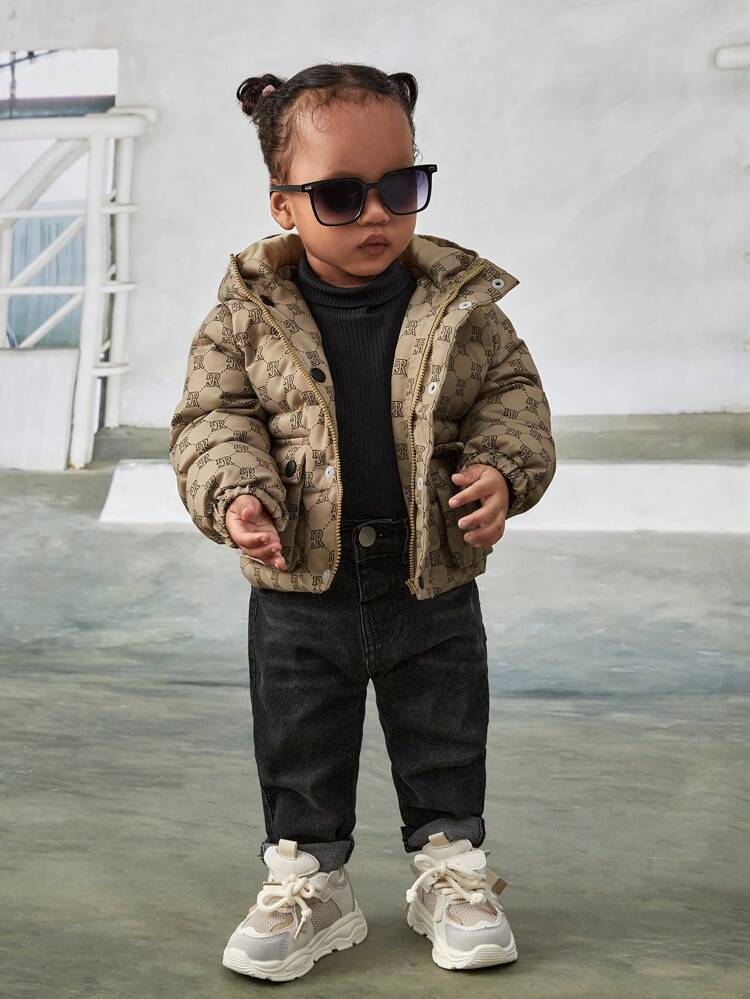 Baby Girl 1pc Graphic Print Hooded Padded Coat