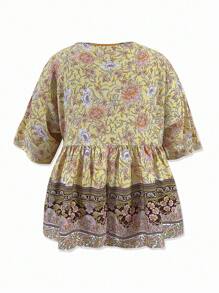 SHEIN Holidaya Blusa con estampado floral de cuello con cordón - Amarillo - Ver 2