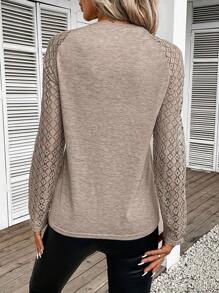 SHEIN Frenchy Contrast Lace Raglan Sleeve Seam Detail Round Neck Tee Winter Brown Casual Spring - Khaki - View 2