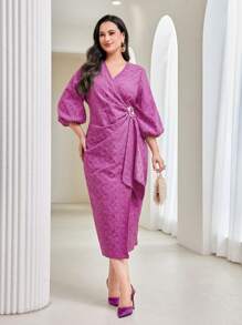 Modelyn Plus Lantern Sleeve Wrap Knot Side Dress Long Evening Dresses