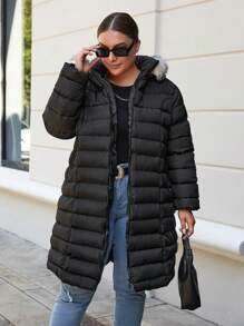 RueChic Plus Fuzzy Trim Hooded Puffer Coat - Black - View 1