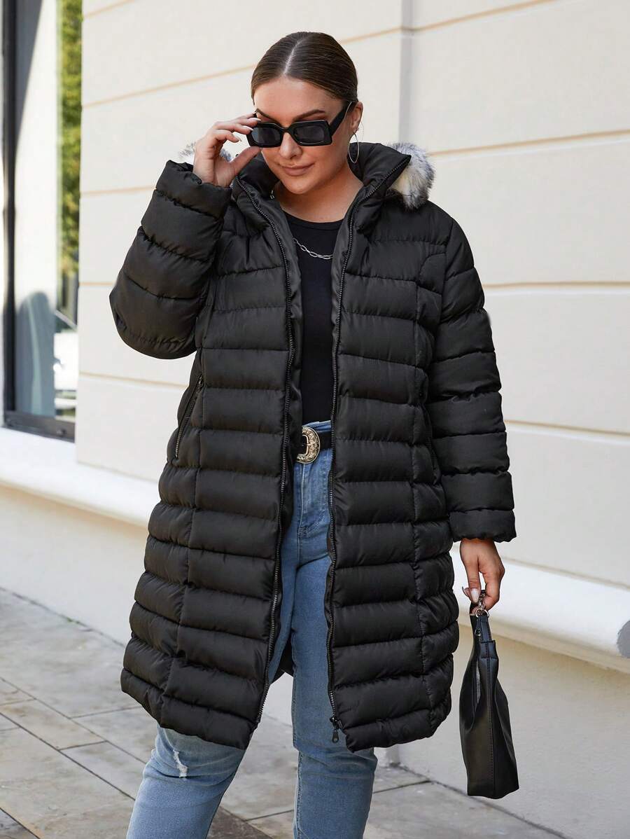RueChic Plus Fuzzy Trim Hooded Puffer Coat - Black - View 1