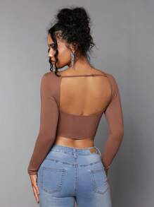 SHEIN BAE 素色露背短款T恤 - 棕色 - 查看 1