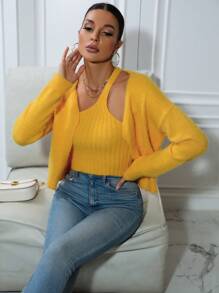 Chiquease منسوج منتفخ كارديجان & مفتوح الكتف الواحد لباس علوي محبوك