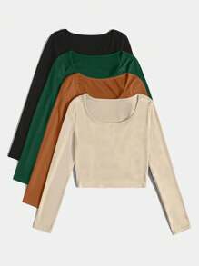 SHEIN Unity 4 piezas Camiseta de cuello scoop tejido de canalé - Multicolor - Ver 3