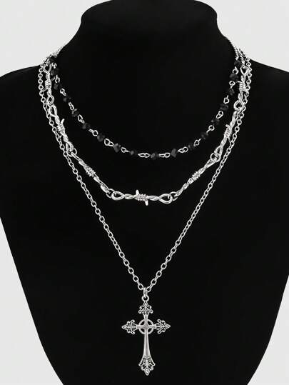 Goth 3pcs Fashion Iron Alloy Cross Decor Layered Necklace For Women For Daily Decoration