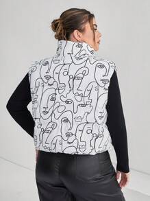 SHEIN Essnce Plus Size Sketch Graphic Pattern Vest, Casual Daily Wear Winter Jacket - White - View 2