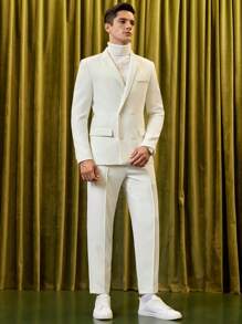 Manfinity VCAY Men Solid Blazer & Seam Detail Suit Pants - White - View 8
