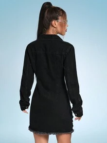 SHEIN ICON 破洞毛邊牛仔洋裝 - 黑色 - 查看 2