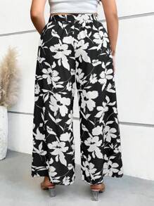 SHEIN Franclia Hơn In hoa Quần ống rộng - màu đen - Xem 2