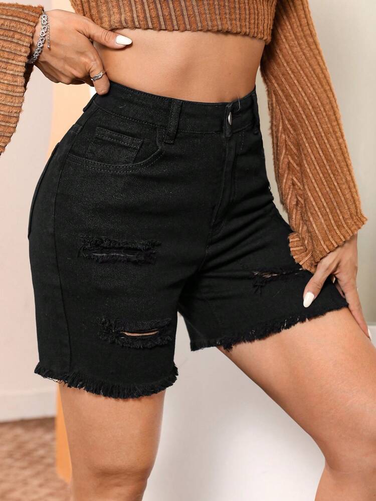 Ripped Raw Hem Denim Shorts Without Belt
