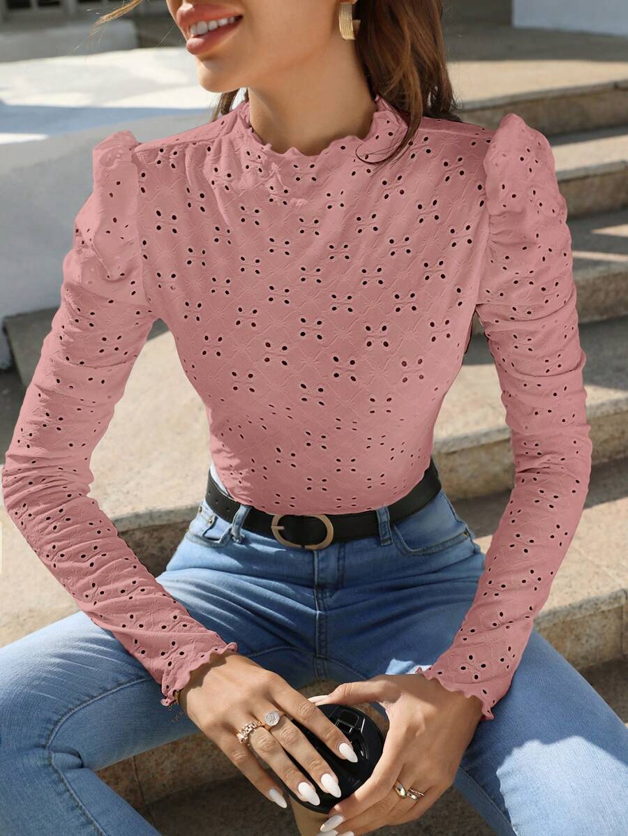 SHEIN Frenchy 孔眼刺繡生菜裝飾T恤 - 藕粉色 - 查看 1