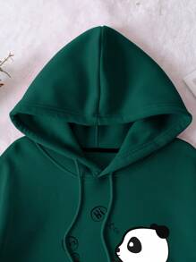 INAWLY 加大码熊猫印花口袋抽绳保暖卫衣，女士秋冬服装 - 墨綠色 - 查看 6