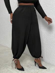 Slaydiva 大碼圖案印花下擺打結長褲 - 黑色 - 查看 4