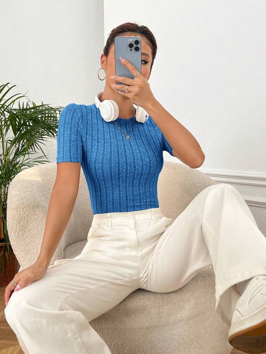 SHEIN EZwear Chất rắn Đồ đan Ribbed Áo thun - Xanh đậm - Xem 1