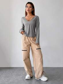 SHEIN EZwear Camiseta unicolor de cuello notch - Gris Claro - Ver 5