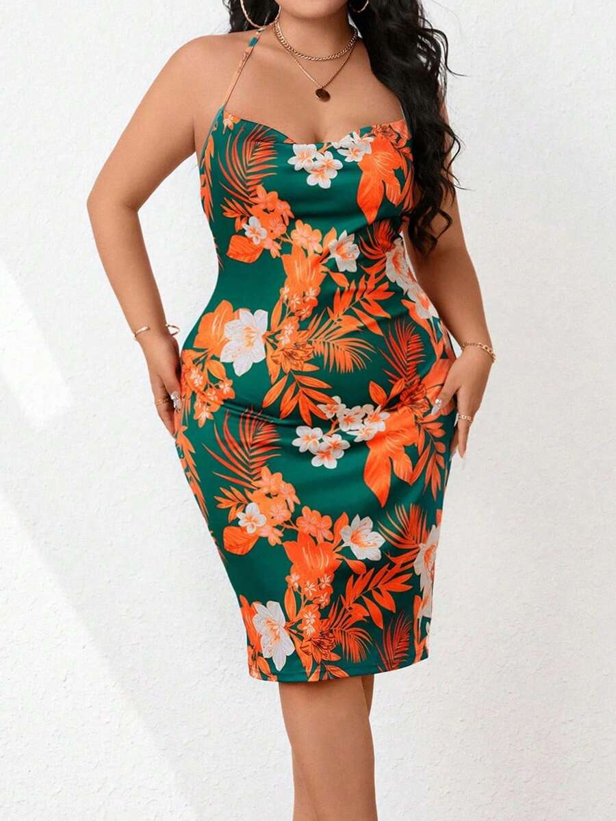 Celure Plus Tropical Print Backless Cami Dress - Multicolor - View 1