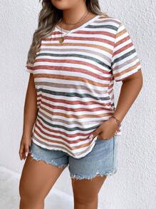 SHEIN CURVE+ 大碼條紋印花T恤 - 彩色 - 查看 3