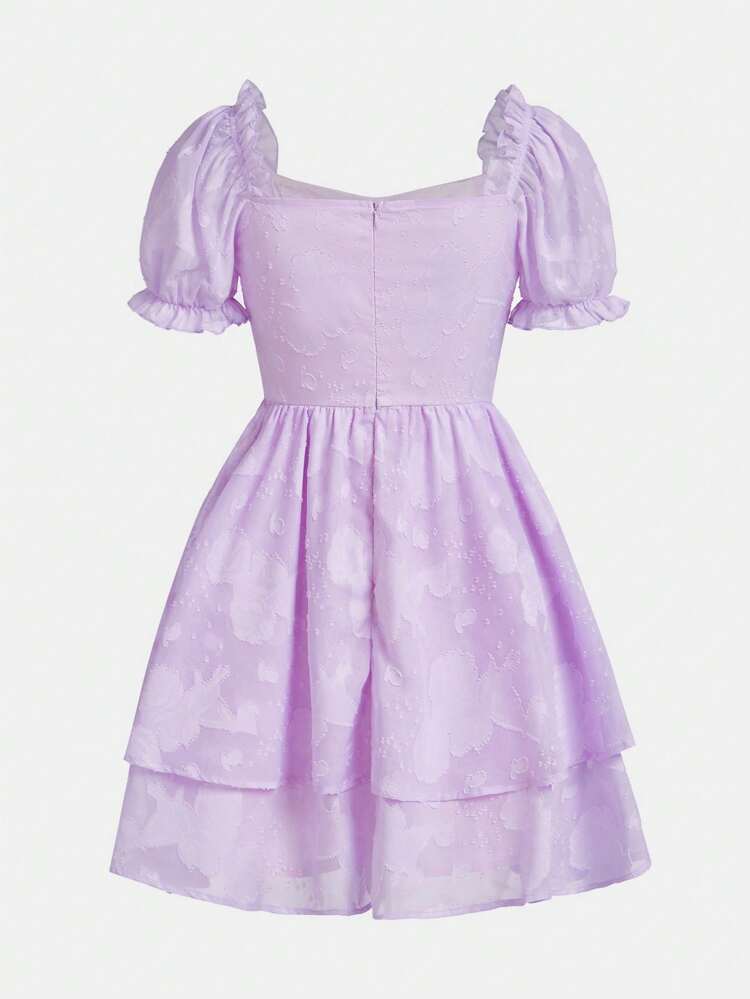 Teen Girls Jacquard Ruched Bust Puff Sleeve Dress