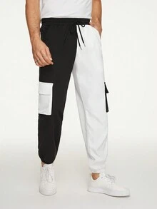 GENTILAND Hombres Pantalones cargo de dos tonos con bolsillo lateral con solapa de cintura con cordón - Blanco y Negro - Ver 5