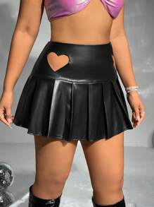 SHEIN ICON Hơn Cắt ra Tim Xếp li chất liệu da PU Váy - màu đen - Xem 2