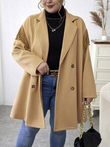 Calvaya Plus Fringe Trim Double Breasted Overcoat - Khaki - View 1