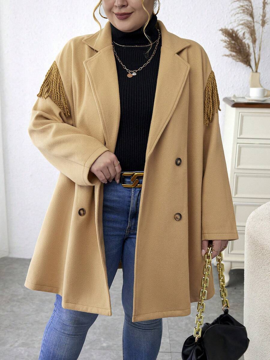 Calvaya Plus Fringe Trim Double Breasted Overcoat - Khaki - View 1