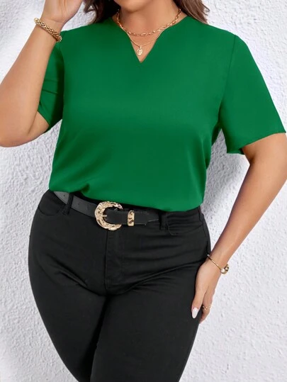SHEIN LUNE Plus Size Casual Solid Color Notched Neck Short Sleeve Shirt