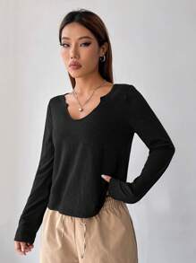 SHEIN EZwear 春季纯黑色粗纺棉质翻领长袖修身T恤 - 黑色 - 查看 5