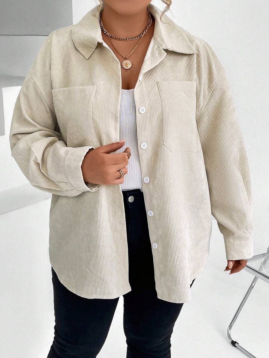 Calvaya Plus Drop Shoulder Pocket Patched Corduroy Coat - Apricot - View 1