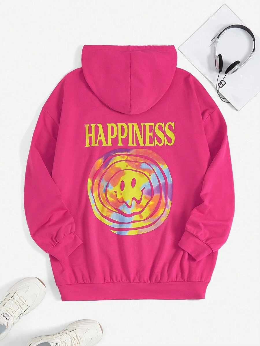 SHEIN EZwear 加大码卡通字母图案落肩拉链卫衣 - 玫紅色 - 查看 1