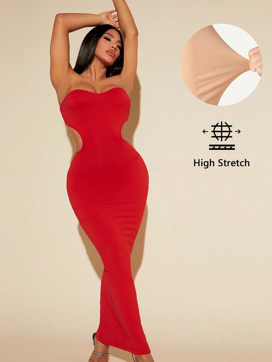 SHEIN SXY Đầm Lộ Lưng Cắt ra màu trơn Gợi cảm - Đỏ - Xem 1