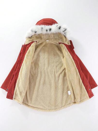 SHEIN Płaszcz dziewczęcy z kapturem i kieszeniami z klapką i futerkowym wykończeniem, podszyty termicznie