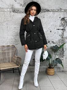 SHEIN LUNE 抽绳腰部连帽棉服外套 - 黑色 - 查看 3