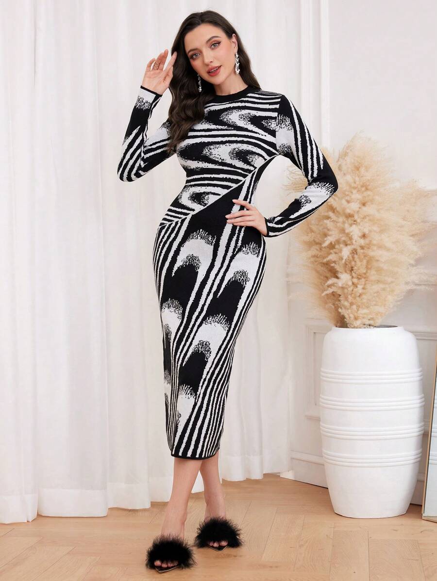 Modelyn 條紋圖案緊身毛衣洋裝 - 黑色 - 查看 1